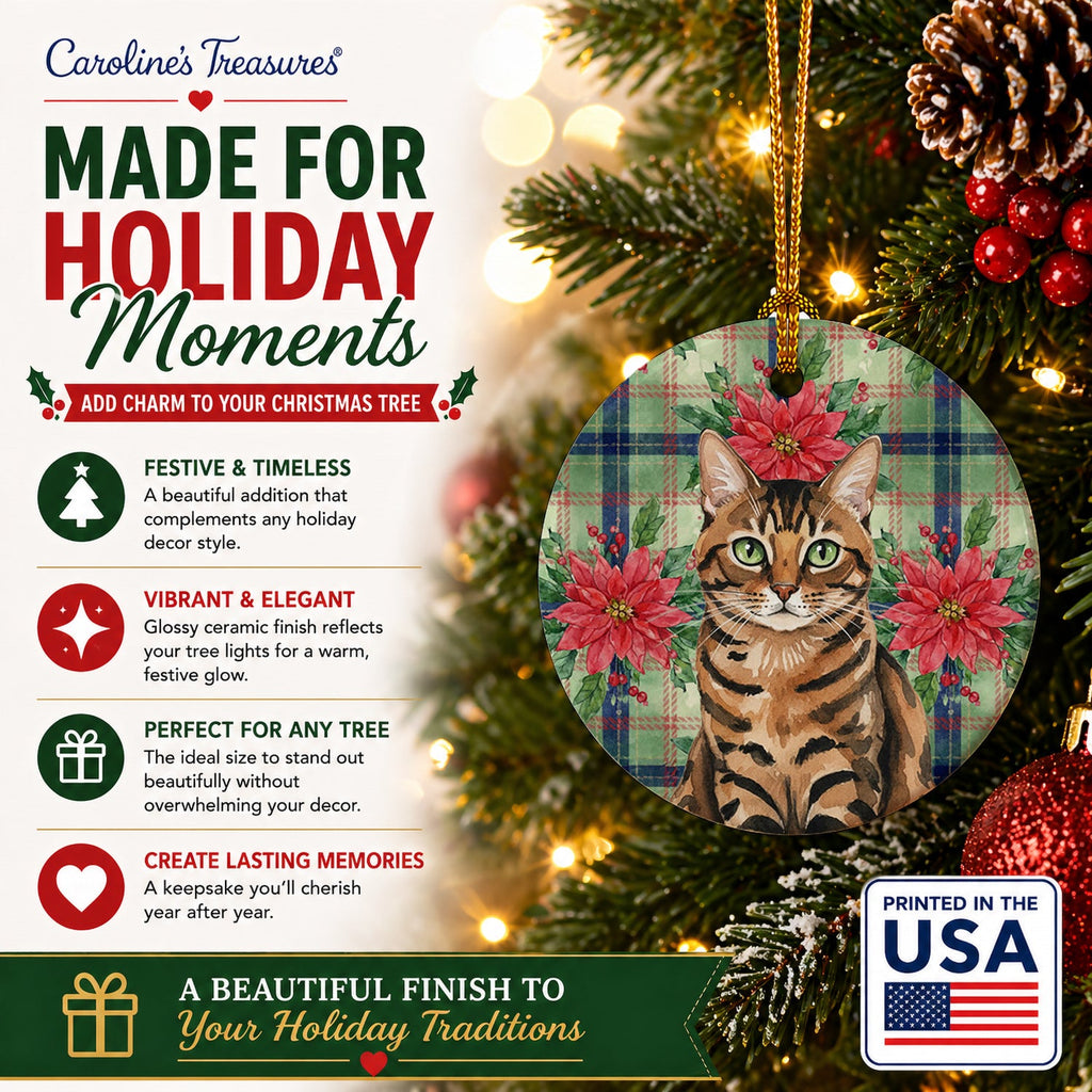Spotted Tabby Brown Cat with Poinsettias Ceramic Ornament Christmas Tree Hanging Decorations for Home Christmas Holiday, Party, Gift, 3 in, Multicolor