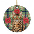 Spotted Tabby Brown Cat with Poinsettias Ceramic Ornament Christmas Tree Hanging Decorations for Home Christmas Holiday, Party, Gift, 3 in, Multicolor