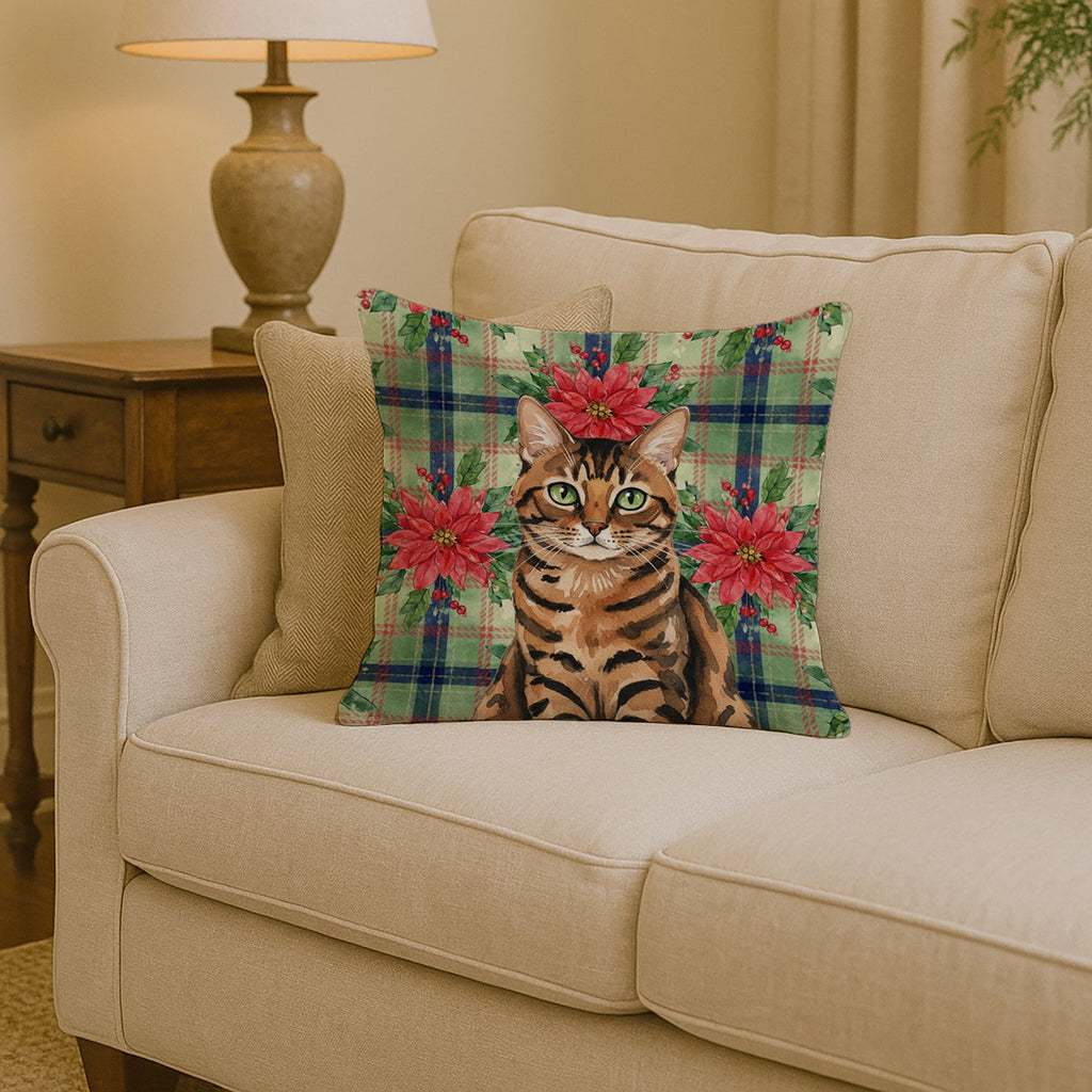 Spotted Tabby Brown Cat with Poinsettias Decorative Throw Pillow 14x14 Indoor Outdoor Accent Cushion, Fabric Cover with Insert for Sofa, Bed, Porch & Living Room