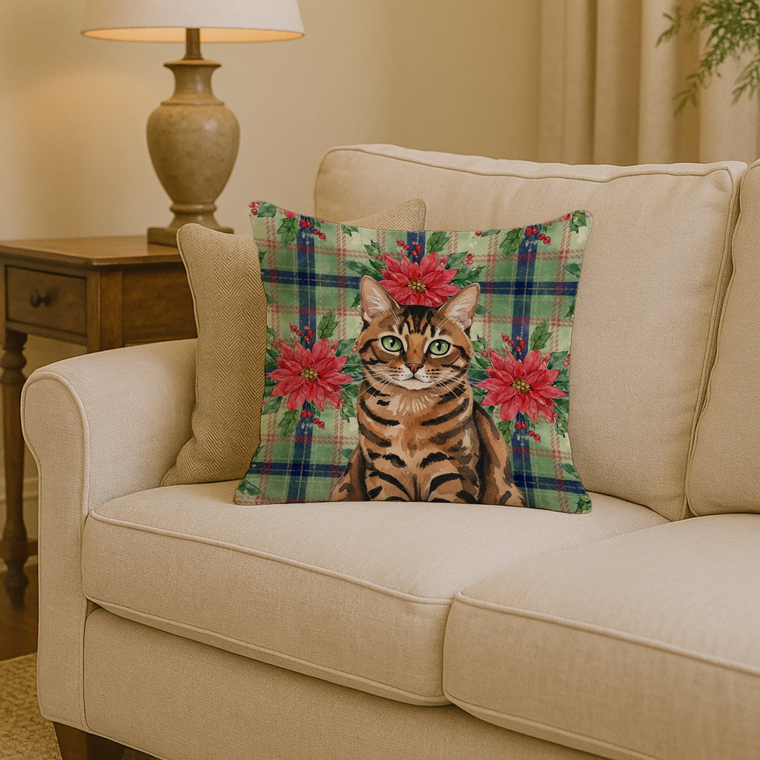 Spotted Tabby Brown Cat with Poinsettias Decorative Throw Pillow 14x14 Indoor Outdoor Accent Cushion, Fabric Cover with Insert for Sofa, Bed, Porch & Living Room