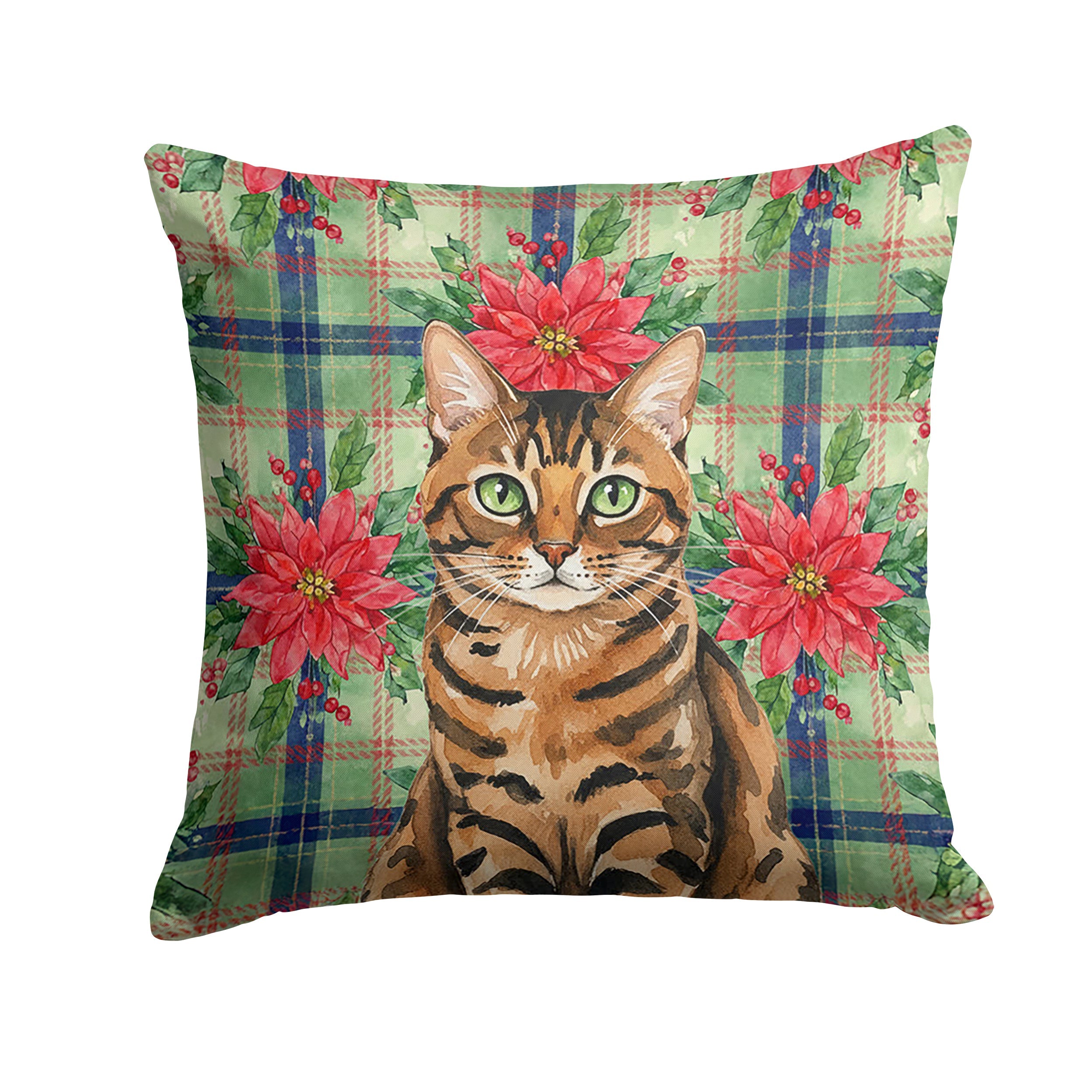 Spotted Tabby Brown Cat with Poinsettias Decorative Throw Pillow 18x18 Indoor Outdoor Accent Cushion, Fabric Cover with Insert for Sofa, Bed, Porch & Living Room