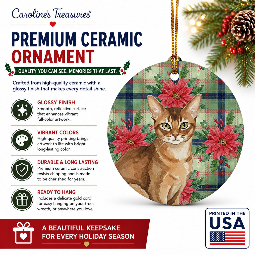 Ticked Tabby Brown Cat with Poinsettias Ceramic Ornament Christmas Tree Hanging Decorations for Home Christmas Holiday, Party, Gift, 3 in, Multicolor