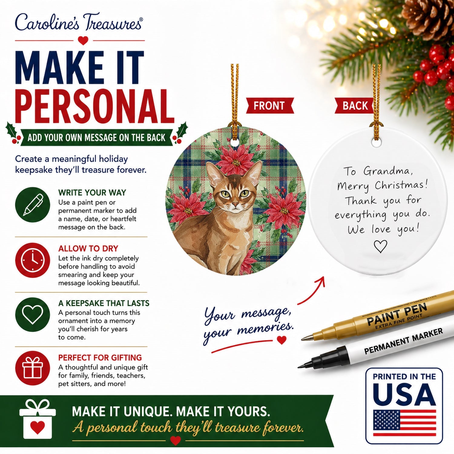 Ticked Tabby Brown Cat with Poinsettias Ceramic Ornament Christmas Tree Hanging Decorations for Home Christmas Holiday, Party, Gift, 3 in, Multicolor