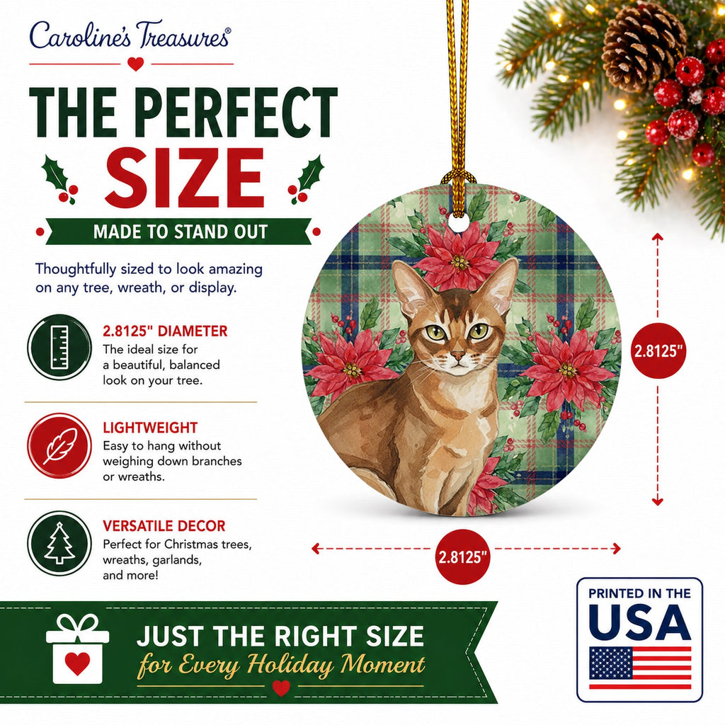 Ticked Tabby Brown Cat with Poinsettias Ceramic Ornament Christmas Tree Hanging Decorations for Home Christmas Holiday, Party, Gift, 3 in, Multicolor
