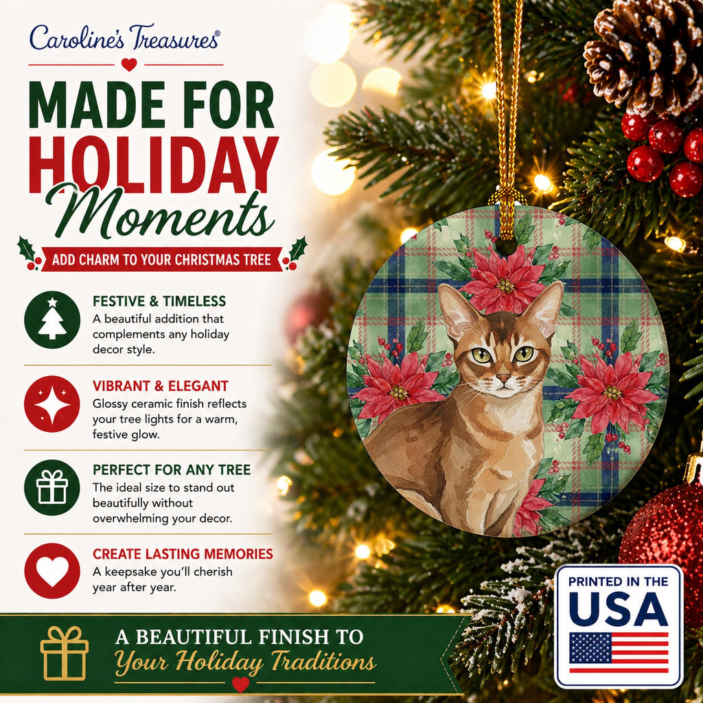 Ticked Tabby Brown Cat with Poinsettias Ceramic Ornament Christmas Tree Hanging Decorations for Home Christmas Holiday, Party, Gift, 3 in, Multicolor