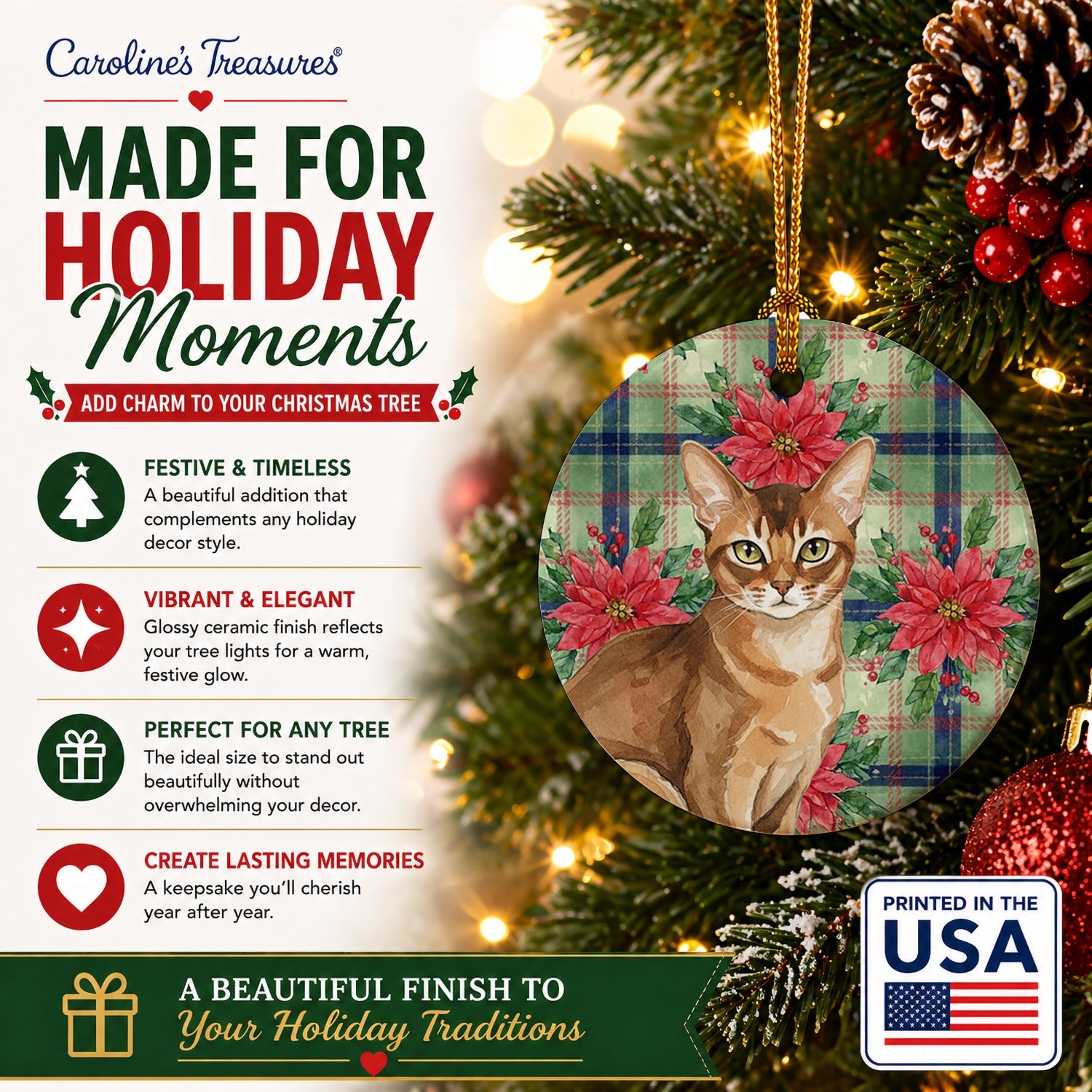 Ticked Tabby Brown Cat with Poinsettias Ceramic Ornament Christmas Tree Hanging Decorations for Home Christmas Holiday, Party, Gift, 3 in, Multicolor