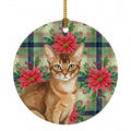Ticked Tabby Brown Cat with Poinsettias Ceramic Ornament Christmas Tree Hanging Decorations for Home Christmas Holiday, Party, Gift, 3 in, Multicolor