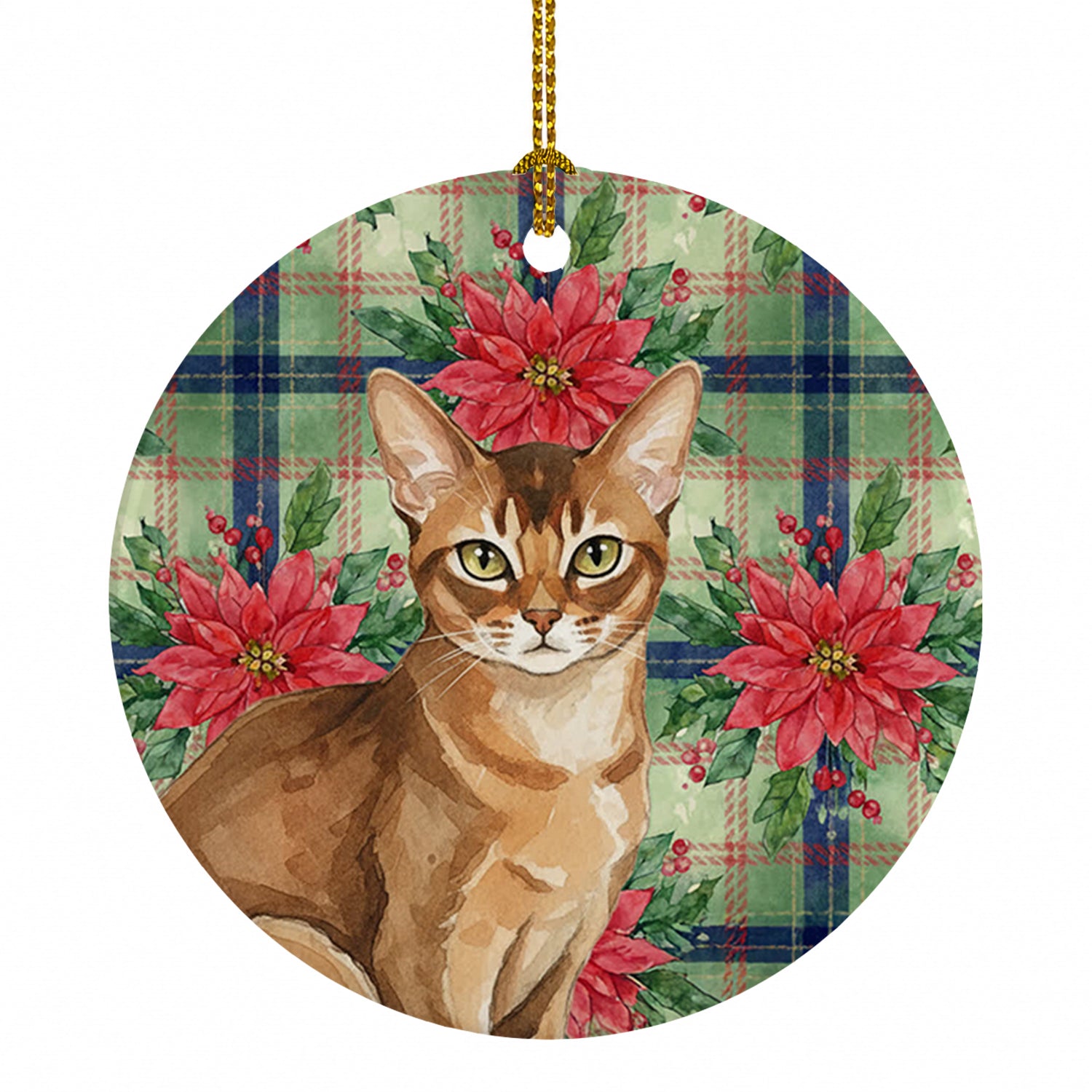 Ticked Tabby Brown Cat with Poinsettias Ceramic Ornament Christmas Tree Hanging Decorations for Home Christmas Holiday, Party, Gift, 3 in, Multicolor