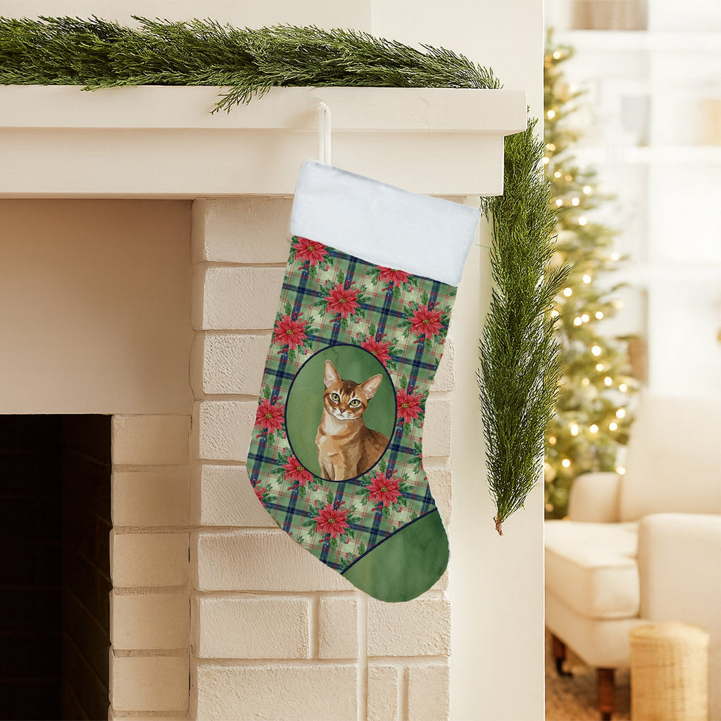 Ticked Tabby Brown Cat with Poinsettias Holiday Stocking Double-Sided Print, Polyester Suede,11x18, Made in USA