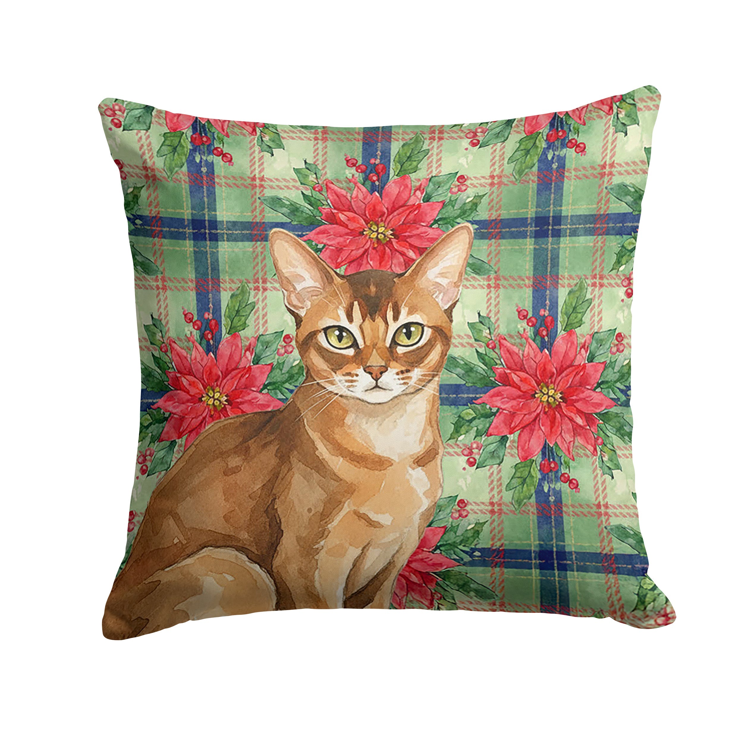 Ticked Tabby Brown Cat with Poinsettias Decorative Throw Pillow 14x14 Indoor Outdoor Accent Cushion, Fabric Cover with Insert for Sofa, Bed, Porch & Living Room