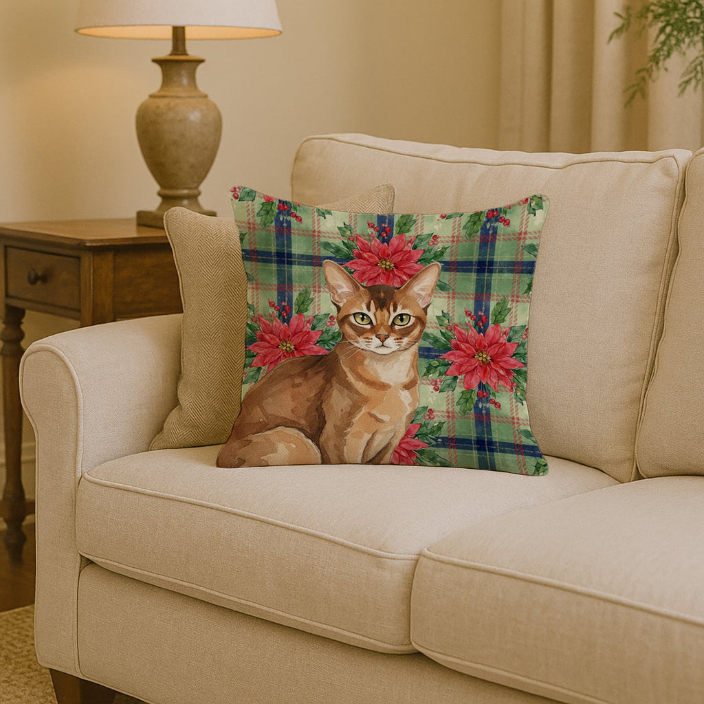 Ticked Tabby Brown Cat with Poinsettias Decorative Throw Pillow 14x14 Indoor Outdoor Accent Cushion, Fabric Cover with Insert for Sofa, Bed, Porch & Living Room