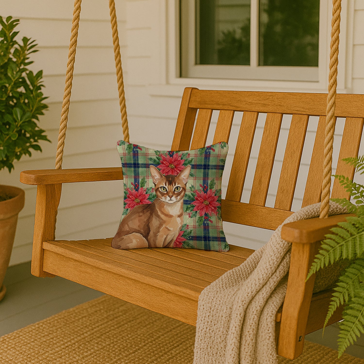 Ticked Tabby Brown Cat with Poinsettias Decorative Throw Pillow 14x14 Indoor Outdoor Accent Cushion, Fabric Cover with Insert for Sofa, Bed, Porch & Living Room