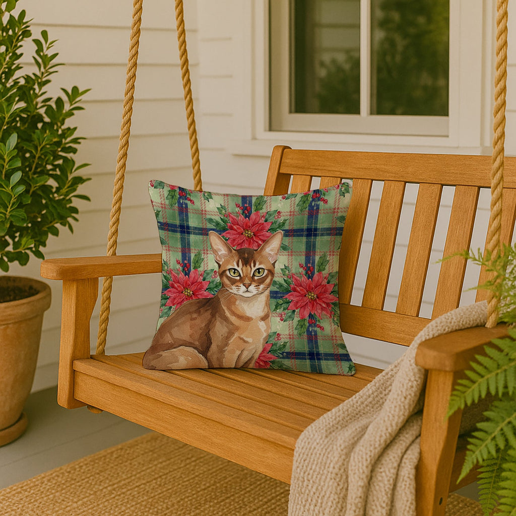 Ticked Tabby Brown Cat with Poinsettias Decorative Throw Pillow 18x18 Indoor Outdoor Accent Cushion, Fabric Cover with Insert for Sofa, Bed, Porch & Living Room