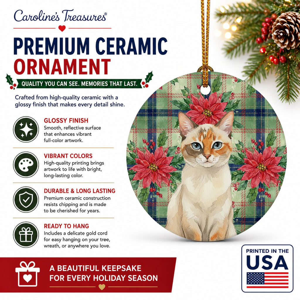 Tortie Point  Cat with Poinsettias Ceramic Ornament Christmas Tree Hanging Decorations for Home Christmas Holiday, Party, Gift, 3 in, Multicolor