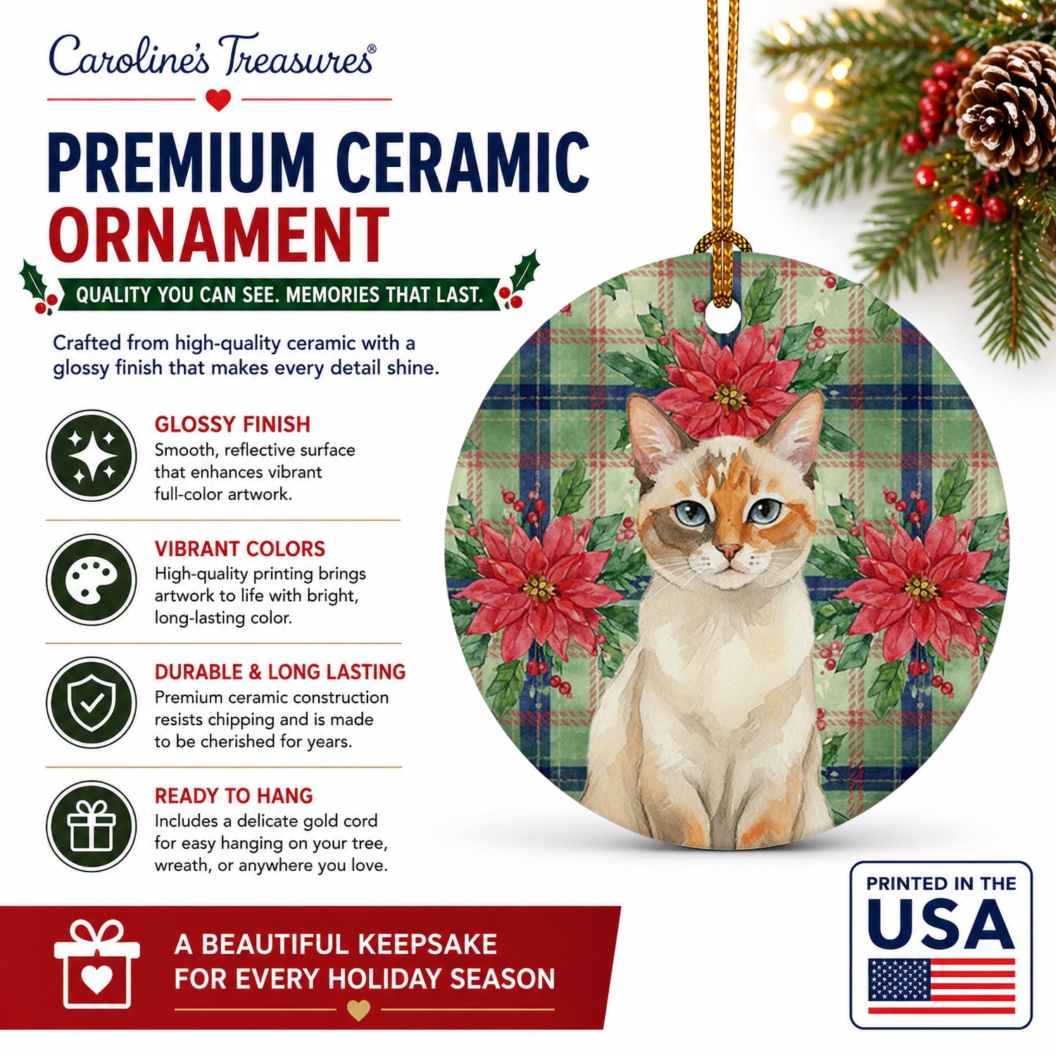 Tortie Point  Cat with Poinsettias Ceramic Ornament Christmas Tree Hanging Decorations for Home Christmas Holiday, Party, Gift, 3 in, Multicolor