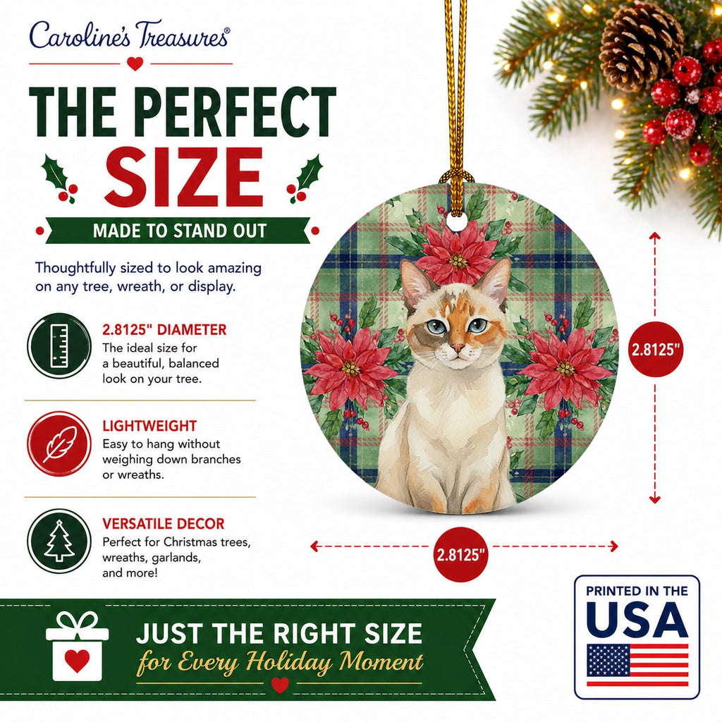 Tortie Point  Cat with Poinsettias Ceramic Ornament Christmas Tree Hanging Decorations for Home Christmas Holiday, Party, Gift, 3 in, Multicolor
