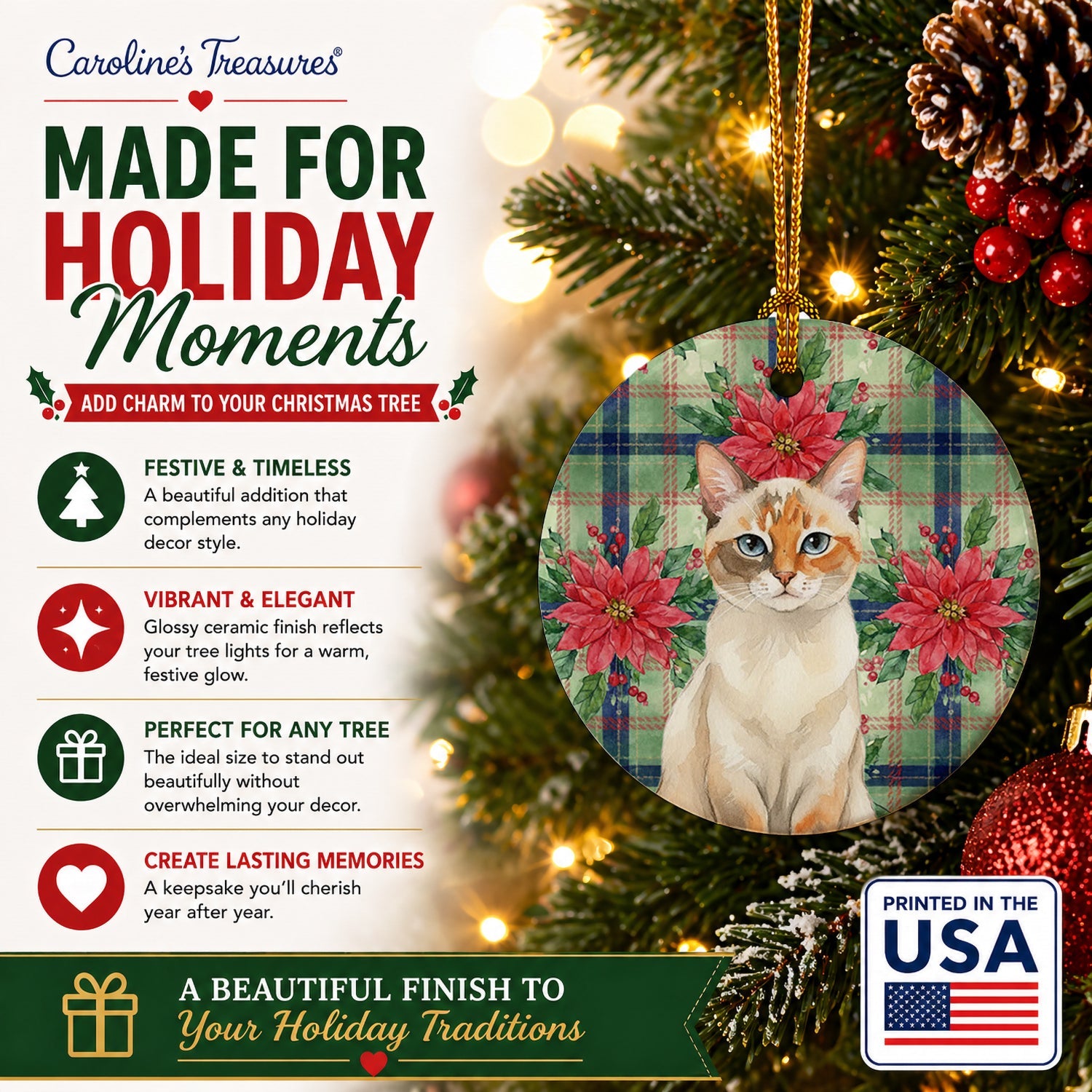 Tortie Point  Cat with Poinsettias Ceramic Ornament Christmas Tree Hanging Decorations for Home Christmas Holiday, Party, Gift, 3 in, Multicolor