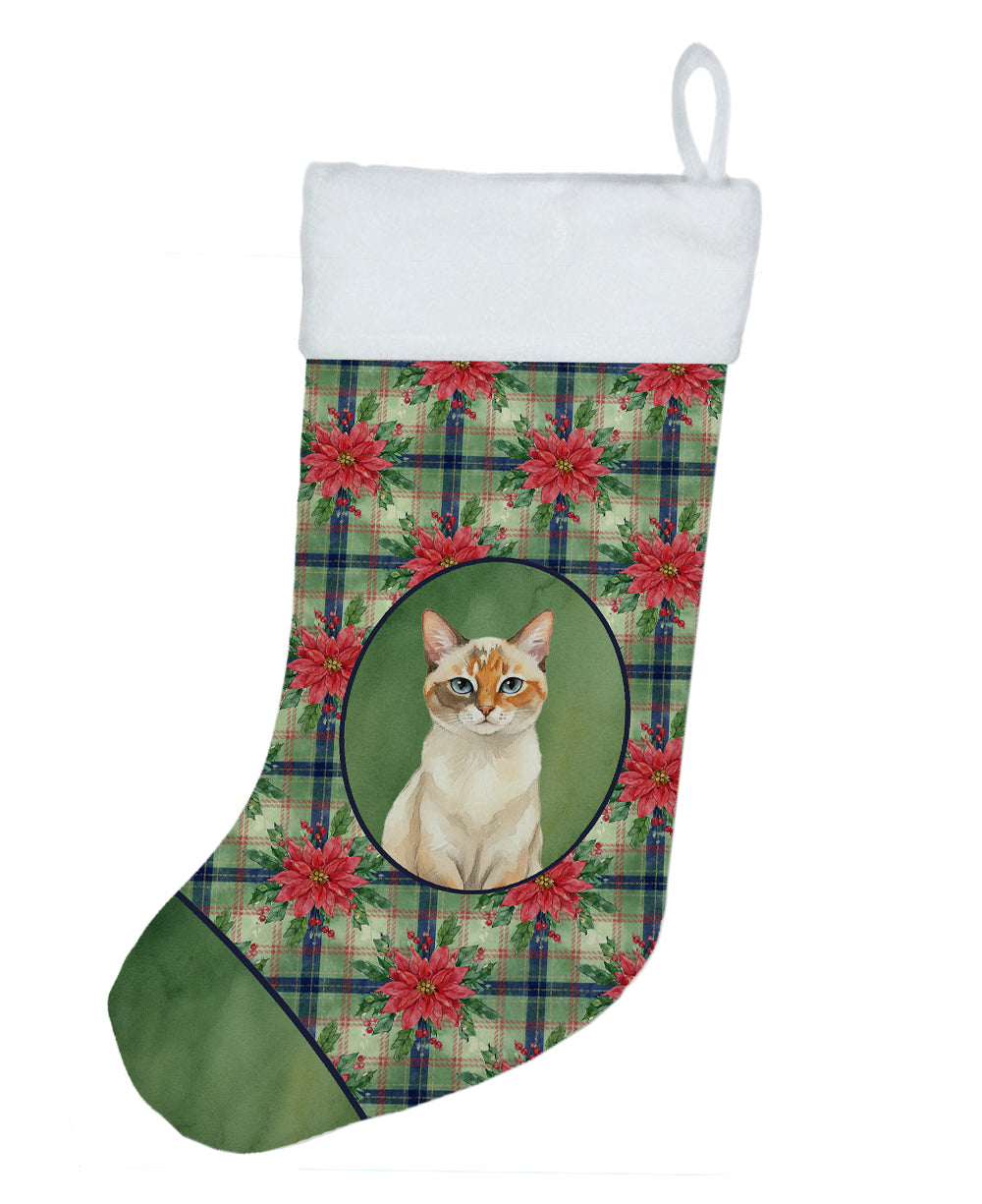 Tortie Point  Cat with Poinsettias Holiday Stocking Double-Sided Print, Polyester Suede,11x18, Made in USA