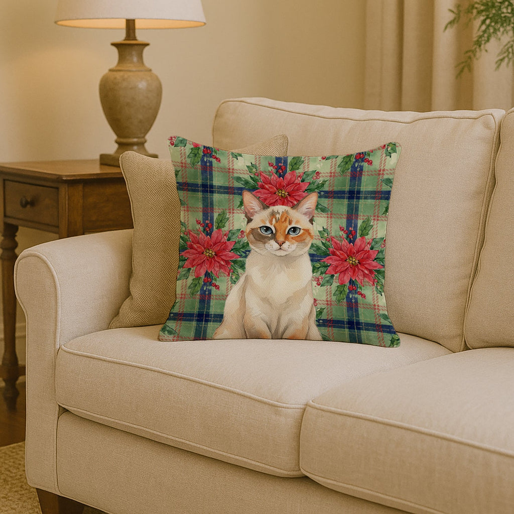 Tortie Point  Cat with Poinsettias Decorative Throw Pillow 14x14 Indoor Outdoor Accent Cushion, Fabric Cover with Insert for Sofa, Bed, Porch & Living Room
