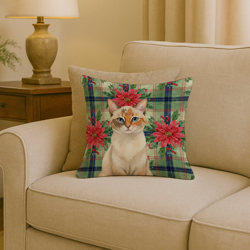 Tortie Point  Cat with Poinsettias Decorative Throw Pillow 18x18 Indoor Outdoor Accent Cushion, Fabric Cover with Insert for Sofa, Bed, Porch & Living Room