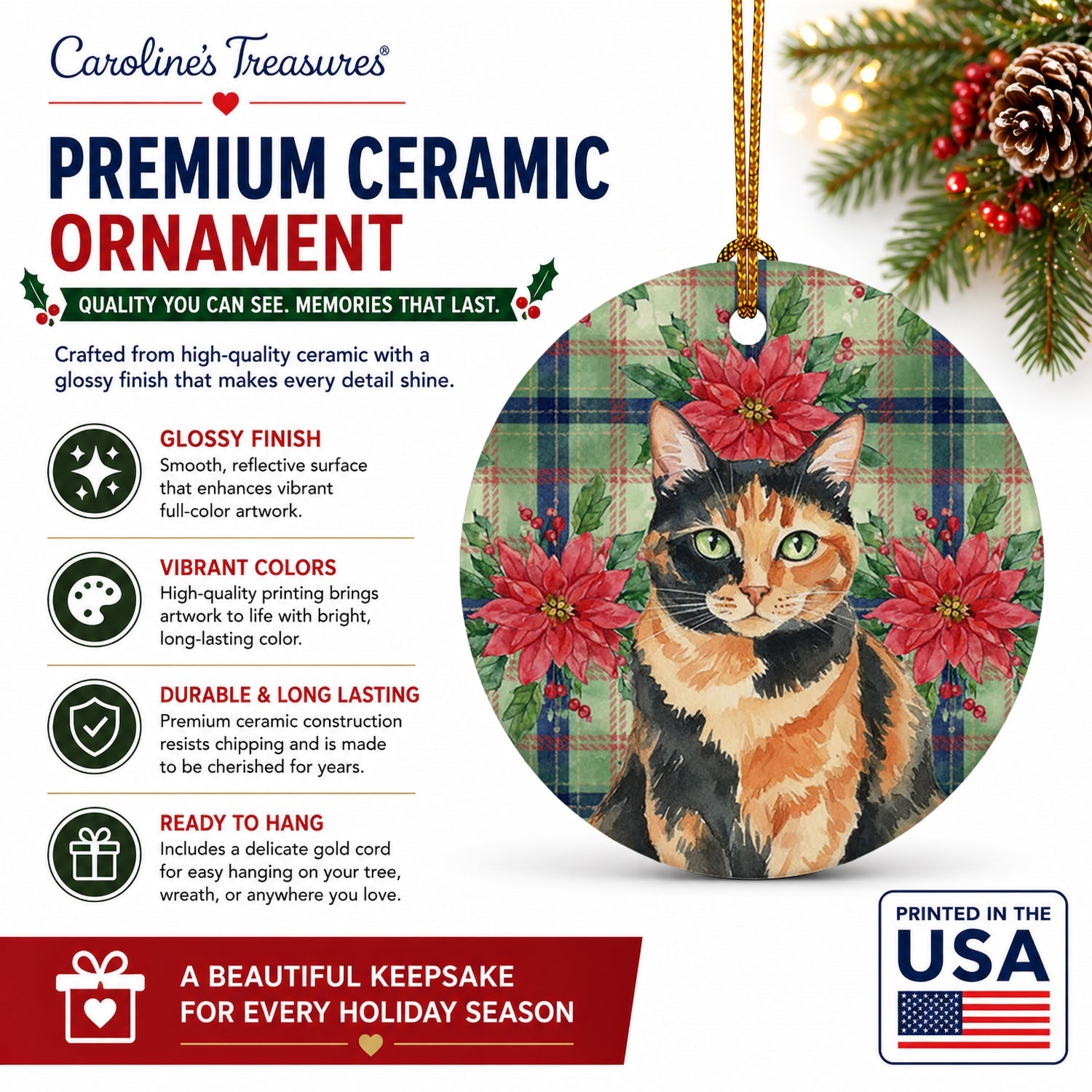 Tortoiseshell Cat with Poinsettias Ceramic Ornament Christmas Tree Hanging Decorations for Home Christmas Holiday, Party, Gift, 3 in, Multicolor