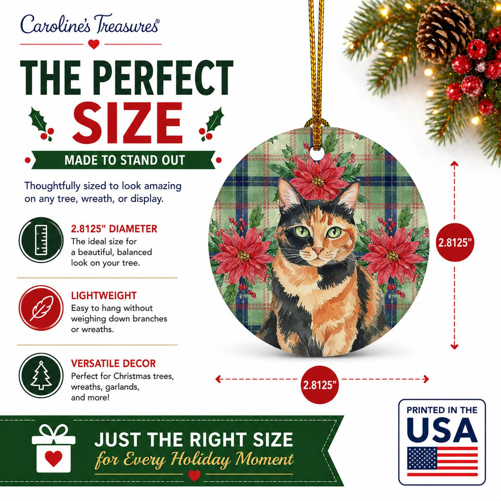 Tortoiseshell Cat with Poinsettias Ceramic Ornament Christmas Tree Hanging Decorations for Home Christmas Holiday, Party, Gift, 3 in, Multicolor