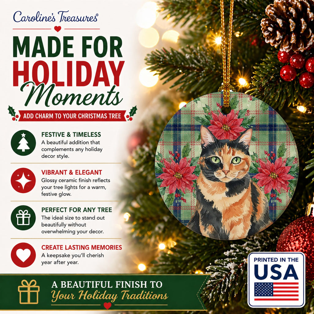 Tortoiseshell Cat with Poinsettias Ceramic Ornament Christmas Tree Hanging Decorations for Home Christmas Holiday, Party, Gift, 3 in, Multicolor