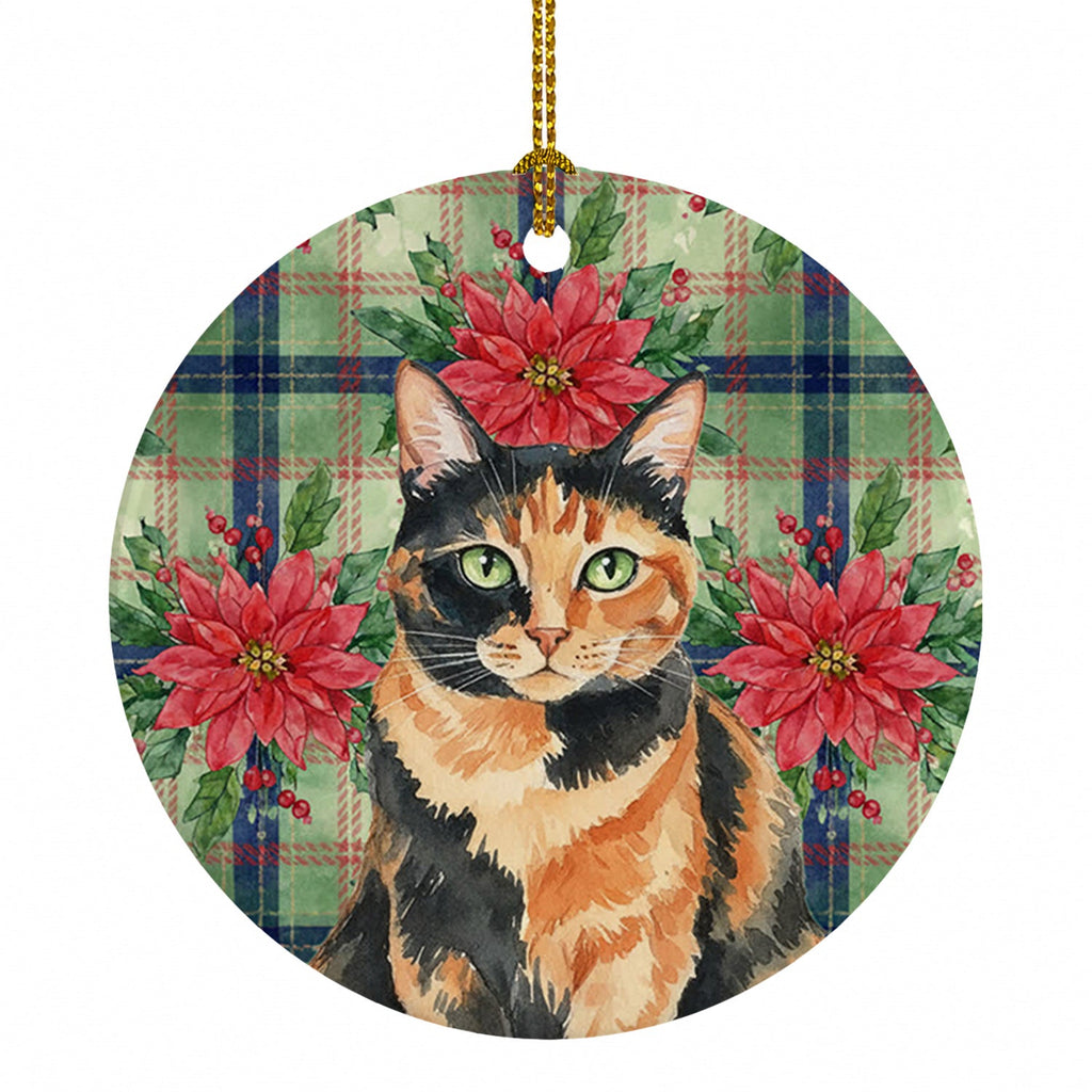 Tortoiseshell Cat with Poinsettias Ceramic Ornament Christmas Tree Hanging Decorations for Home Christmas Holiday, Party, Gift, 3 in, Multicolor