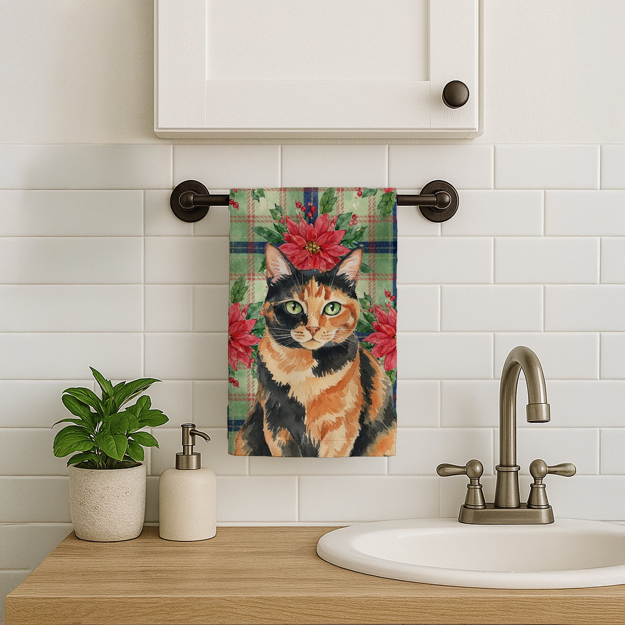 Tortoiseshell Cat with Poinsettias Kitchen Towel Velour Plush Front and Cotton Loop Back Machine Washable