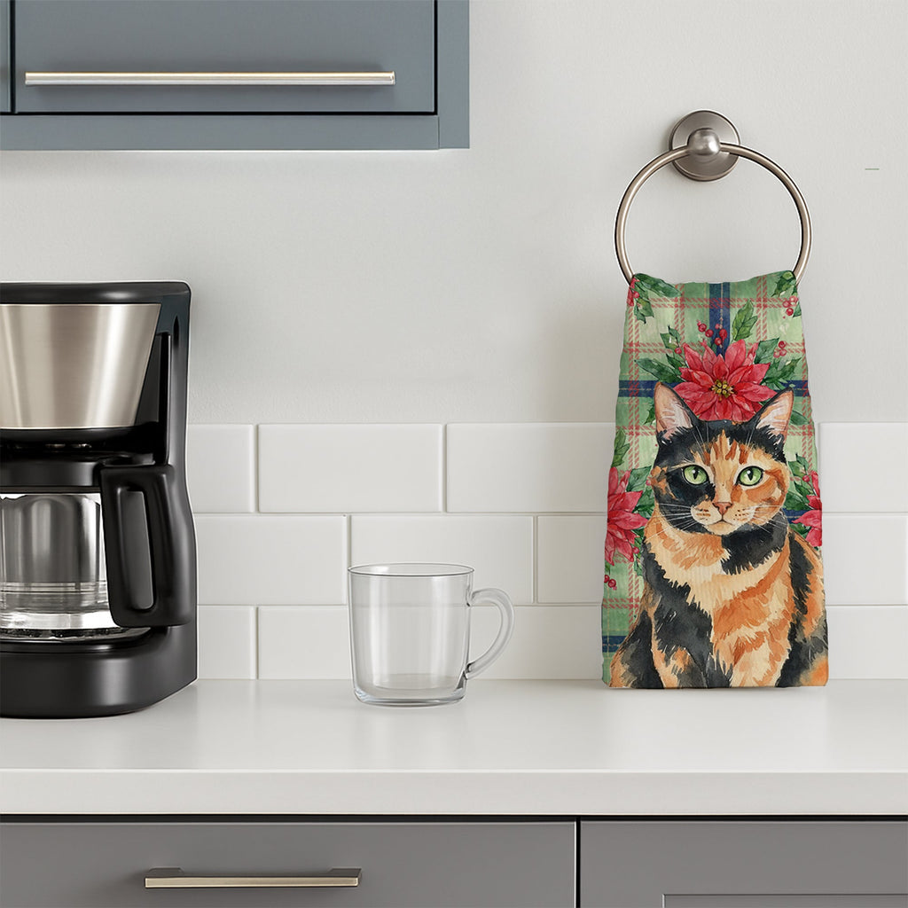 Tortoiseshell Cat with Poinsettias Kitchen Towel Velour Plush Front and Cotton Loop Back Machine Washable