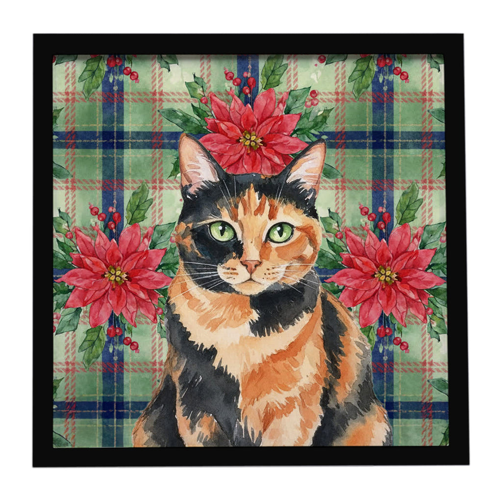 Tortoiseshell Cat with Poinsettias Framed Metal Print Bathroom, Kitchen, Office, Home Decor Wall Art Ready to Hang, Square, 8X8