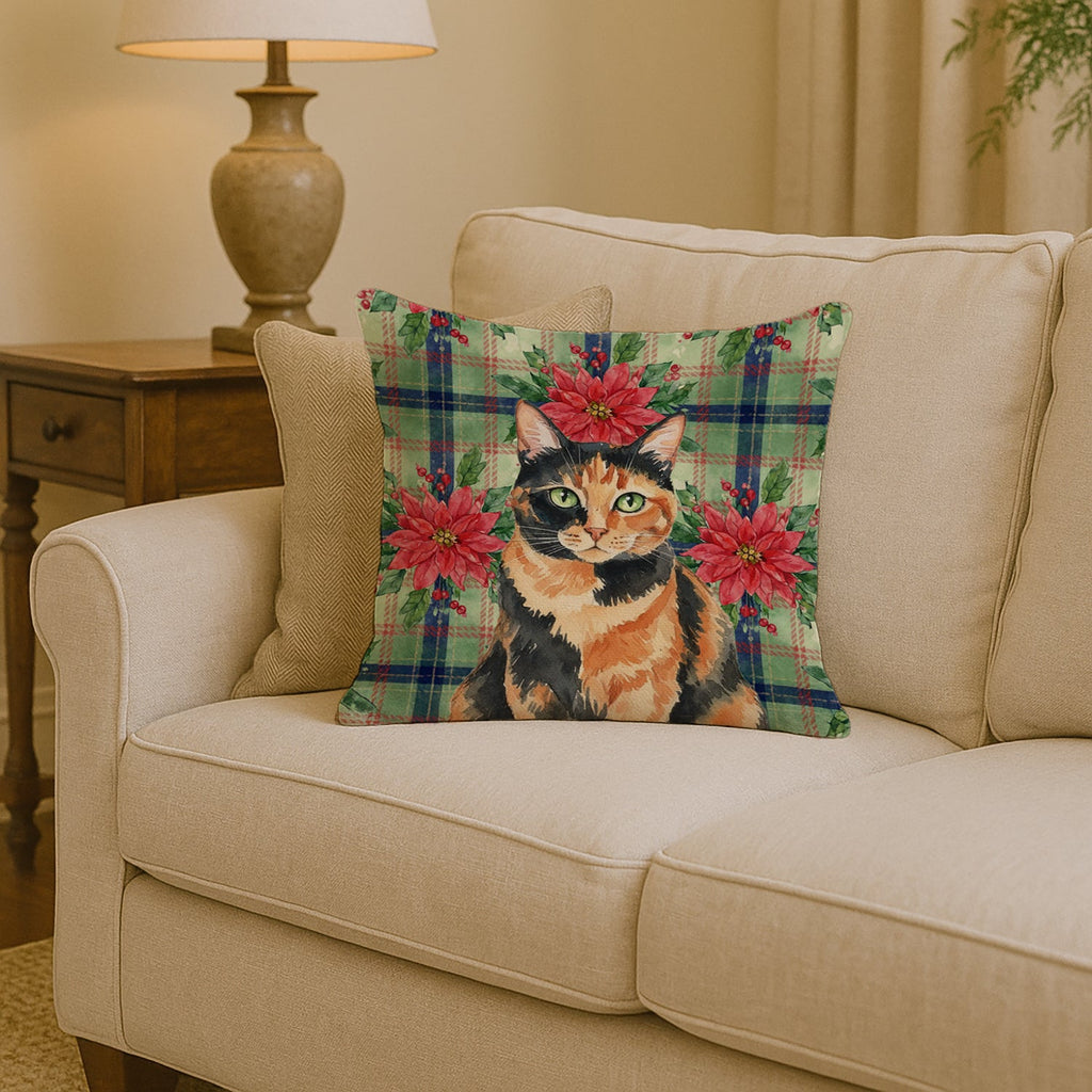 Tortoiseshell Cat with Poinsettias Decorative Throw Pillow 14x14 Indoor Outdoor Accent Cushion, Fabric Cover with Insert for Sofa, Bed, Porch & Living Room