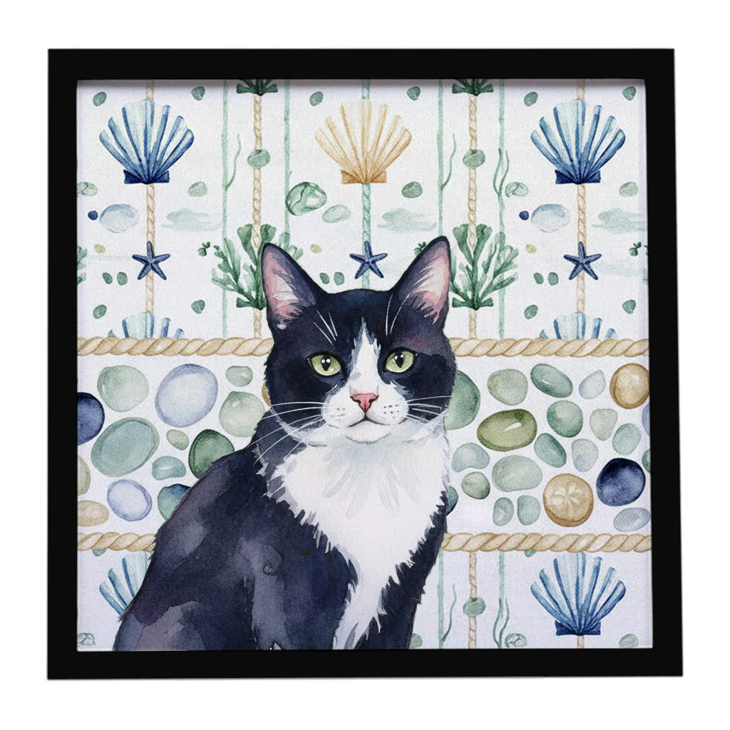Black and White Tuxedo Cat Coastal Sea Glass Framed Metal Print Bathroom, Kitchen, Office, Home Decor Wall Art Ready to Hang, Square, 8X8