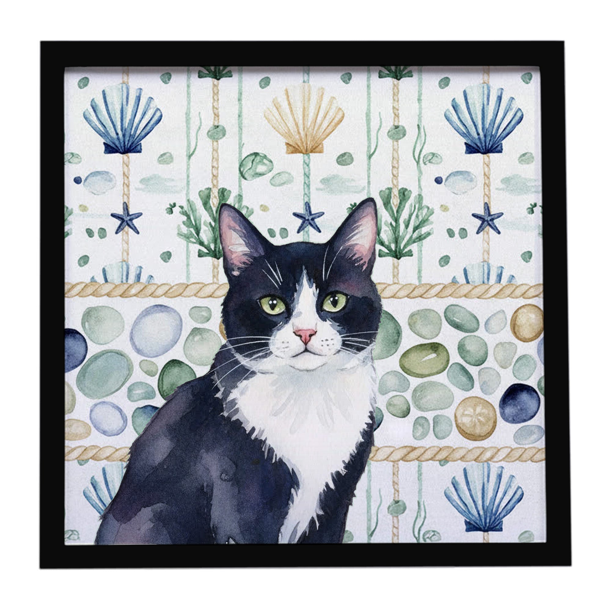 Black and White Tuxedo Cat Coastal Sea Glass Framed Metal Print Bathroom, Kitchen, Office, Home Decor Wall Art Ready to Hang, Square, 8X8