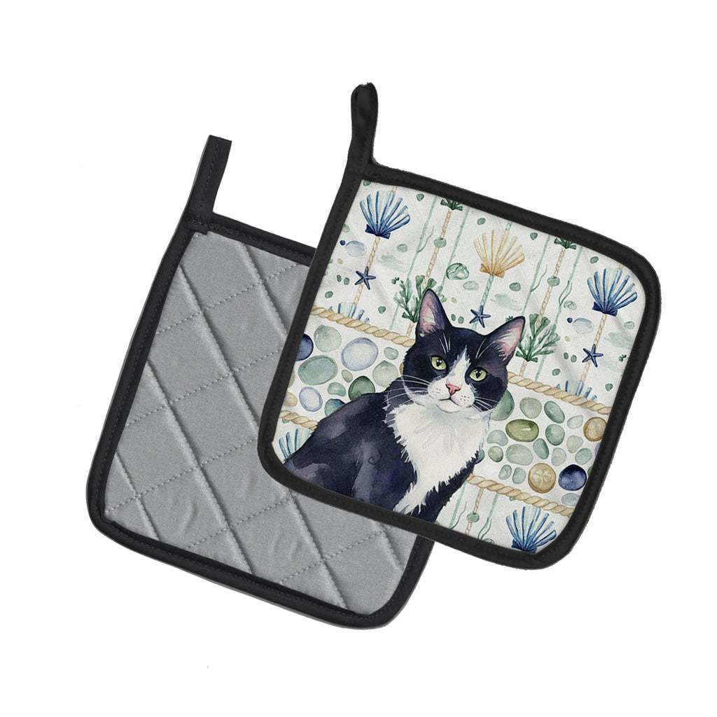 Black and White Tuxedo Cat Coastal Sea Glass Pot Holder Set of 2 Heat Resistant Quilted Hot Pads 7.5 x 7.5 Inch, Insulated Kitchen Trivets for Cooking & Baking