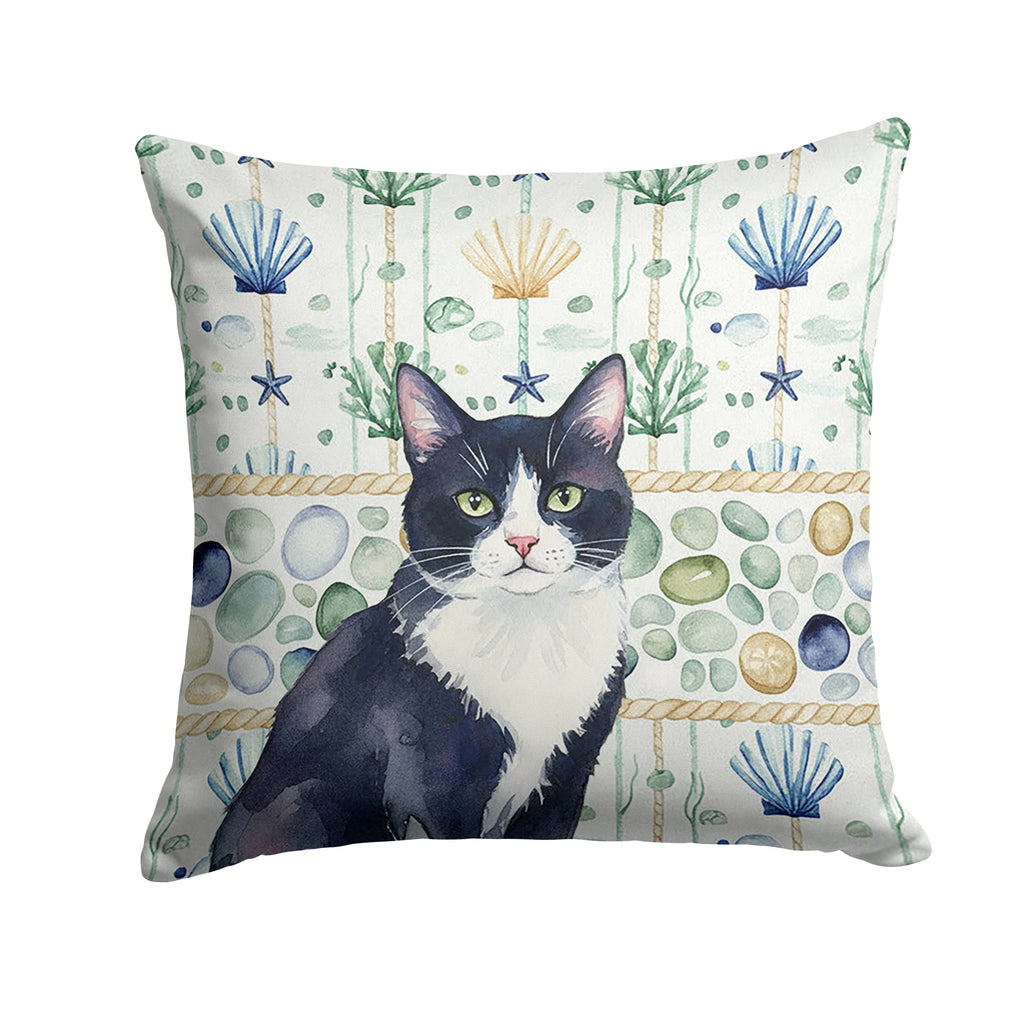 Black and White Tuxedo Cat Coastal Sea Glass Decorative Throw Pillow 14x14 Indoor Outdoor Accent Cushion, Fabric Cover with Insert for Sofa, Bed, Porch & Living Room