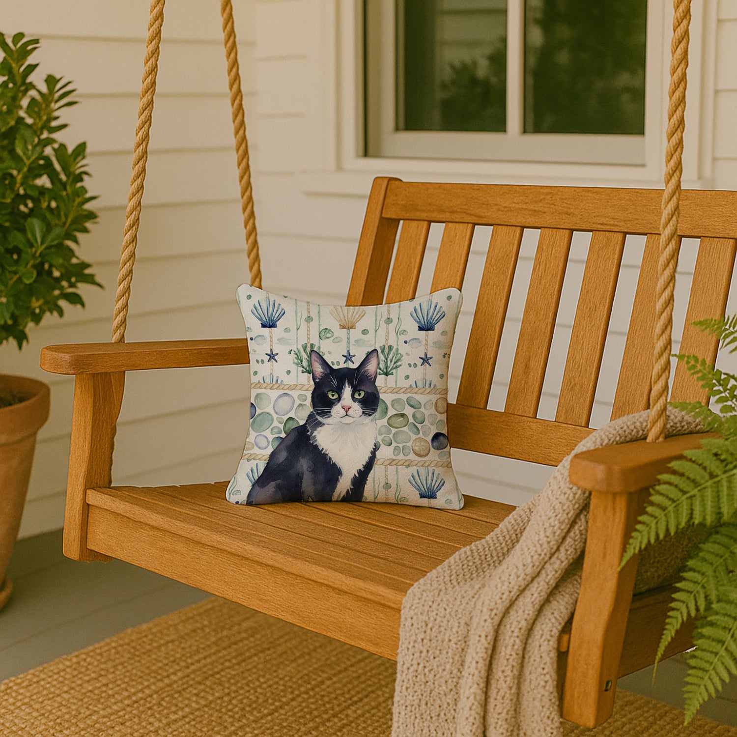 Black and White Tuxedo Cat Coastal Sea Glass Decorative Throw Pillow 14x14 Indoor Outdoor Accent Cushion, Fabric Cover with Insert for Sofa, Bed, Porch & Living Room