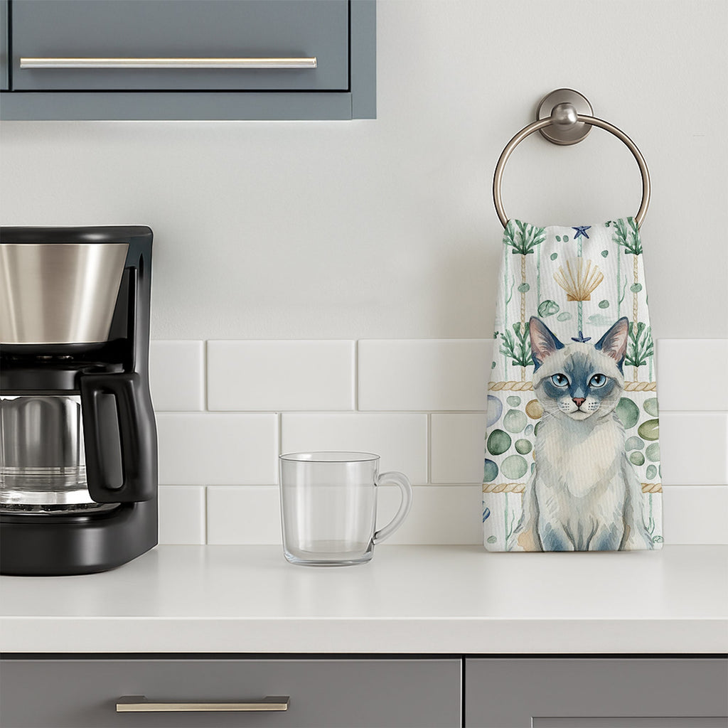 Blue Point Cat Coastal Sea Glass Kitchen Towel Velour Plush Front and Cotton Loop Back Machine Washable