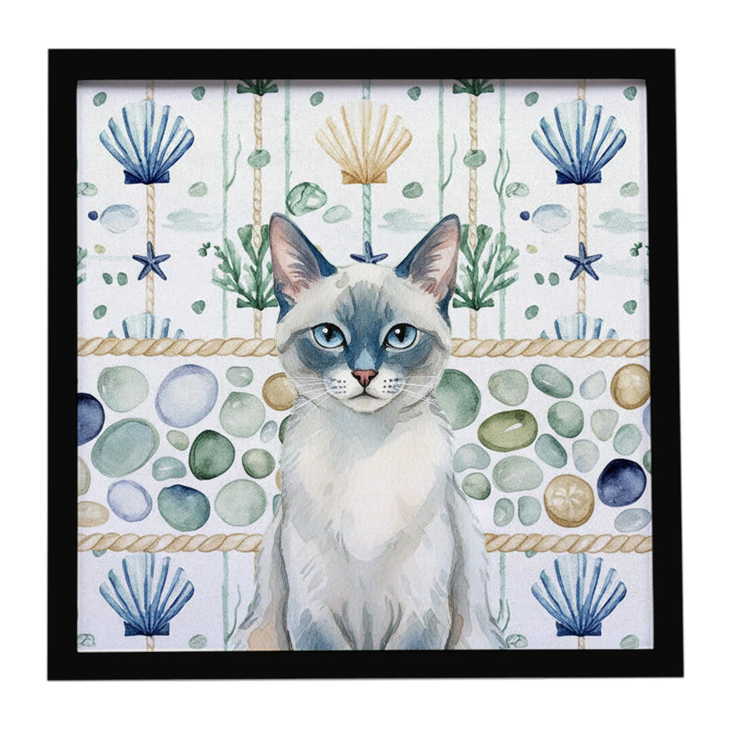 Blue Point Cat Coastal Sea Glass Framed Metal Print Bathroom, Kitchen, Office, Home Decor Wall Art Ready to Hang, Square, 8X8