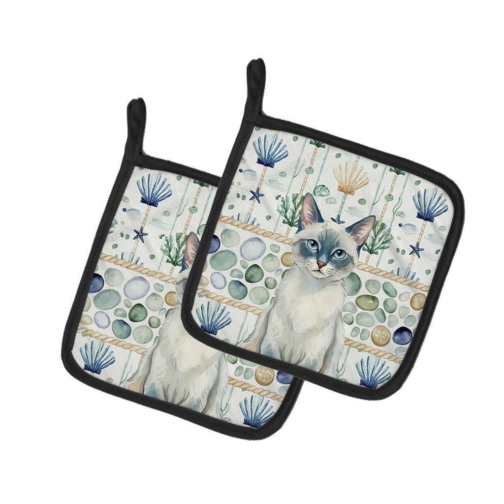 Blue Point Cat Coastal Sea Glass Pot Holder Set of 2 Heat Resistant Quilted Hot Pads 7.5 x 7.5 Inch, Insulated Kitchen Trivets for Cooking & Baking