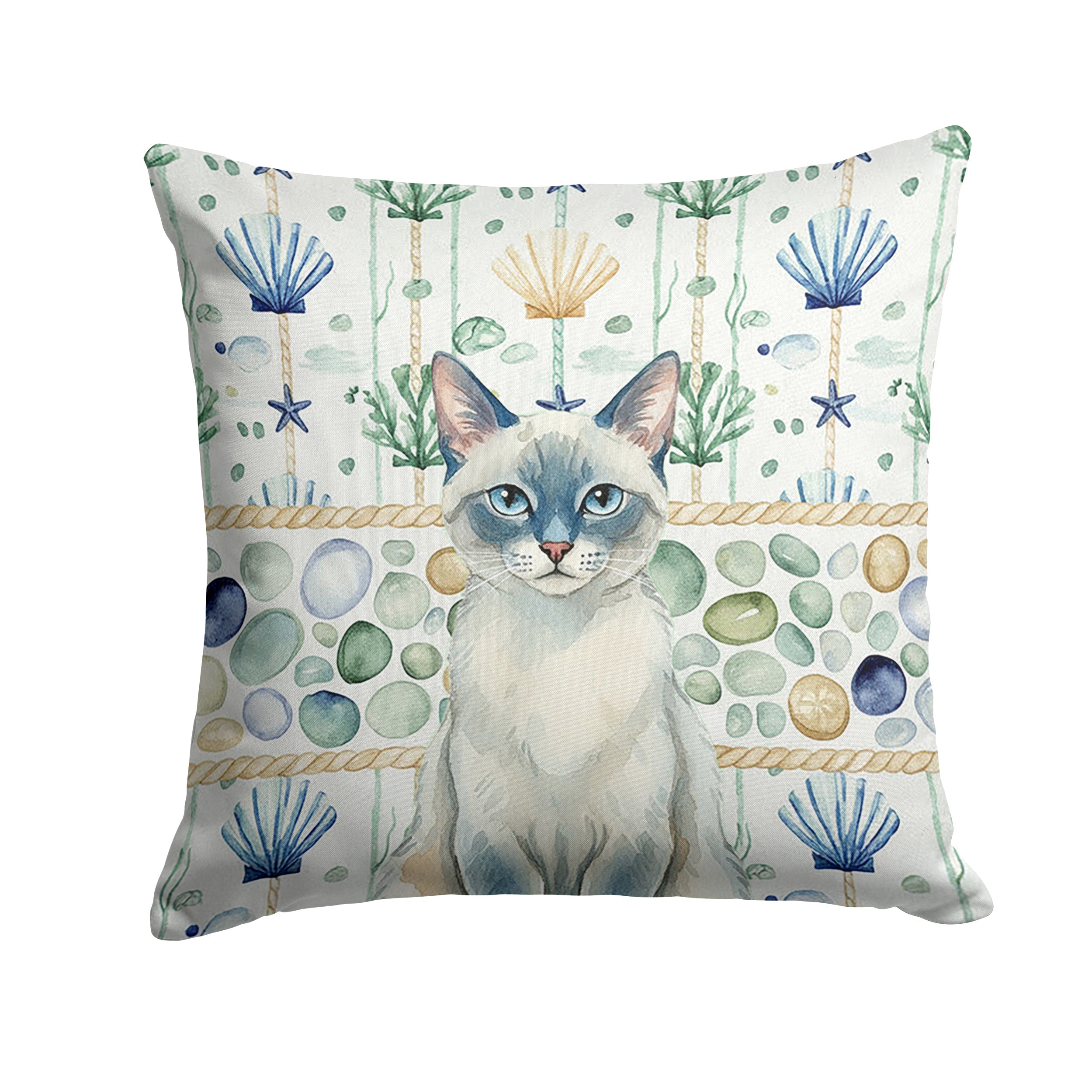 Blue Point Cat Coastal Sea Glass Decorative Throw Pillow 14x14 Indoor Outdoor Accent Cushion, Fabric Cover with Insert for Sofa, Bed, Porch & Living Room