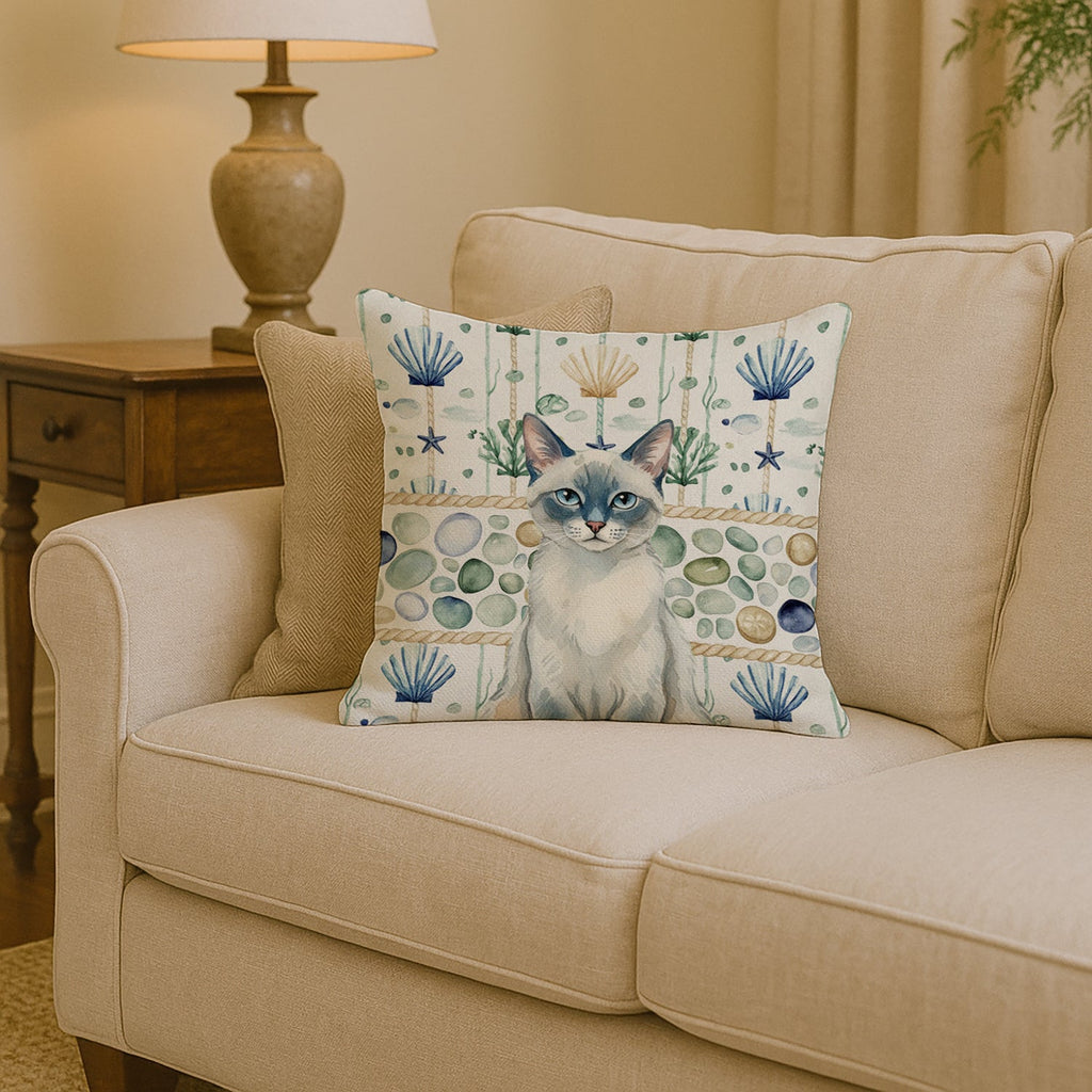 Blue Point Cat Coastal Sea Glass Decorative Throw Pillow 14x14 Indoor Outdoor Accent Cushion, Fabric Cover with Insert for Sofa, Bed, Porch & Living Room