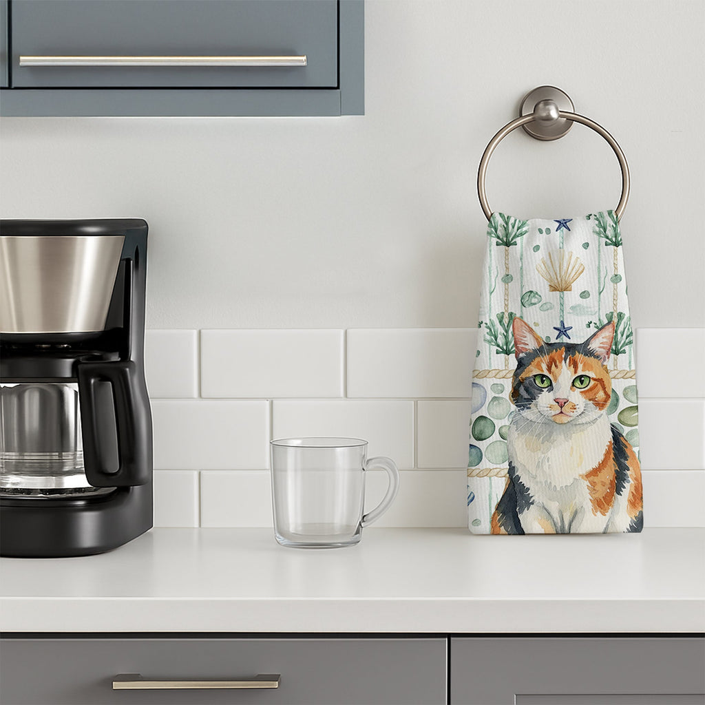 Calico Cat Coastal Sea Glass Kitchen Towel Velour Plush Front and Cotton Loop Back Machine Washable