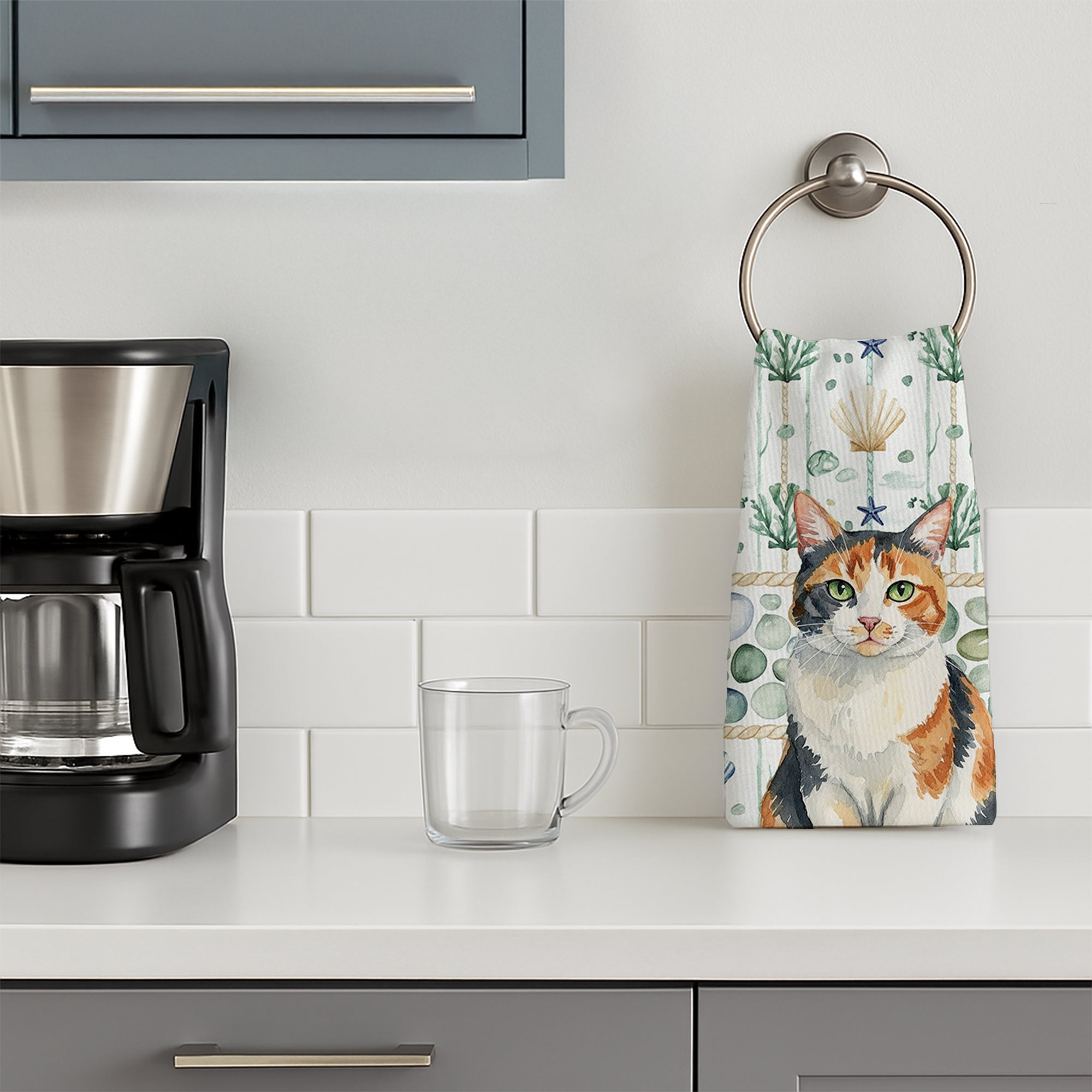 Calico Cat Coastal Sea Glass Kitchen Towel Velour Plush Front and Cotton Loop Back Machine Washable