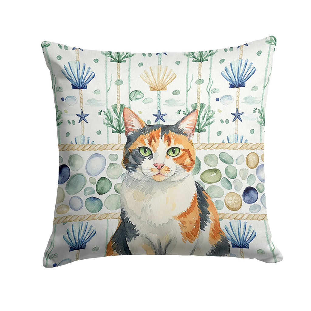Calico Cat Coastal Sea Glass Decorative Throw Pillow 14x14 Indoor Outdoor Accent Cushion, Fabric Cover with Insert for Sofa, Bed, Porch & Living Room