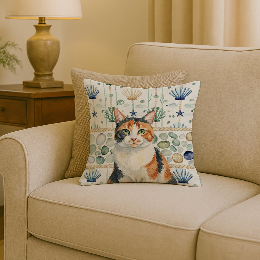 Calico Cat Coastal Sea Glass Decorative Throw Pillow 18x18 Indoor Outdoor Accent Cushion, Fabric Cover with Insert for Sofa, Bed, Porch & Living Room