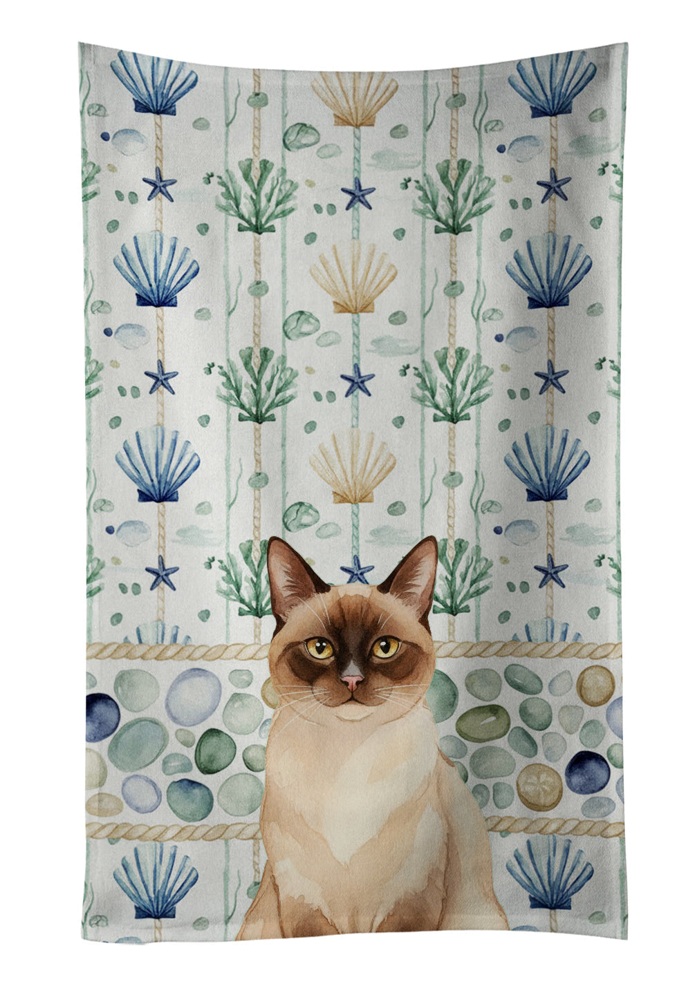 Chocolate Point Cat Coastal Sea Glass Kitchen Towel Velour Plush Front and Cotton Loop Back Machine Washable