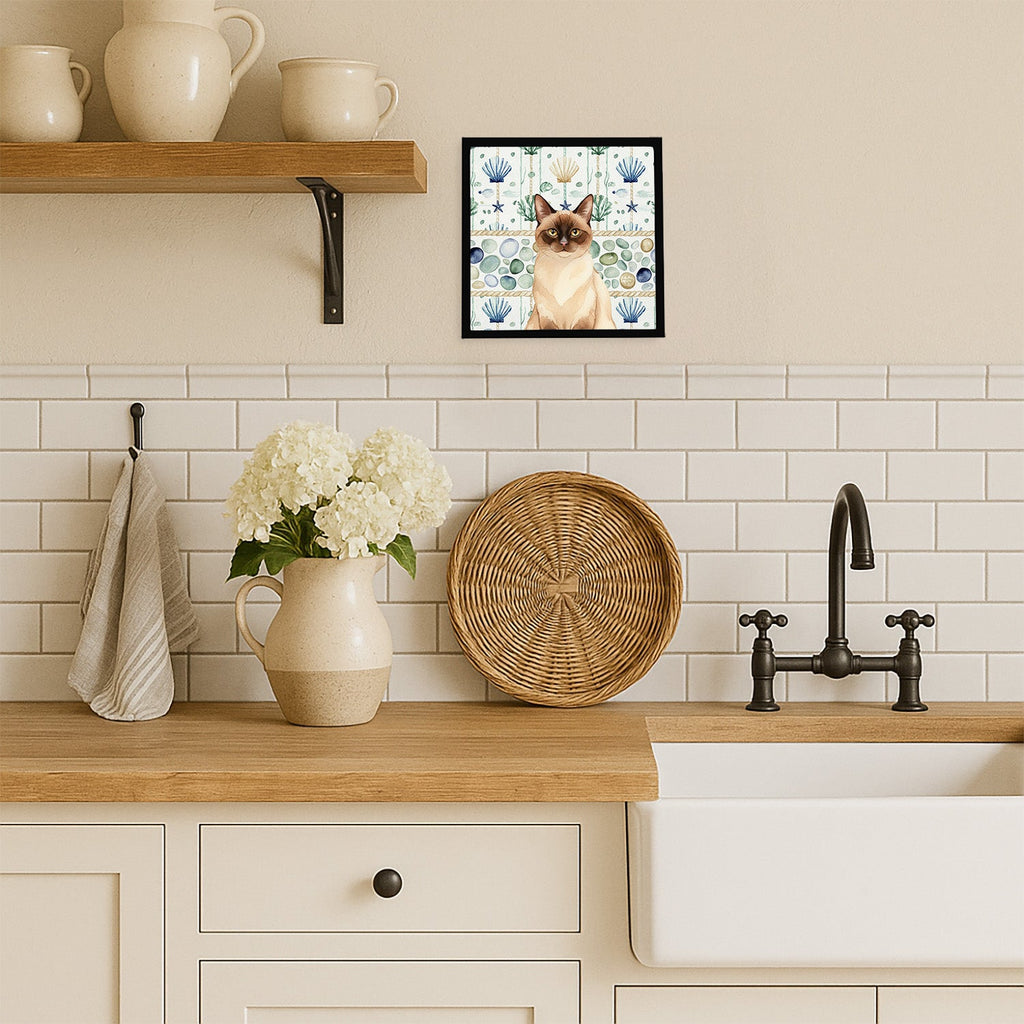 Chocolate Point Cat Coastal Sea Glass Framed Metal Print Bathroom, Kitchen, Office, Home Decor Wall Art Ready to Hang, Square, 8X8