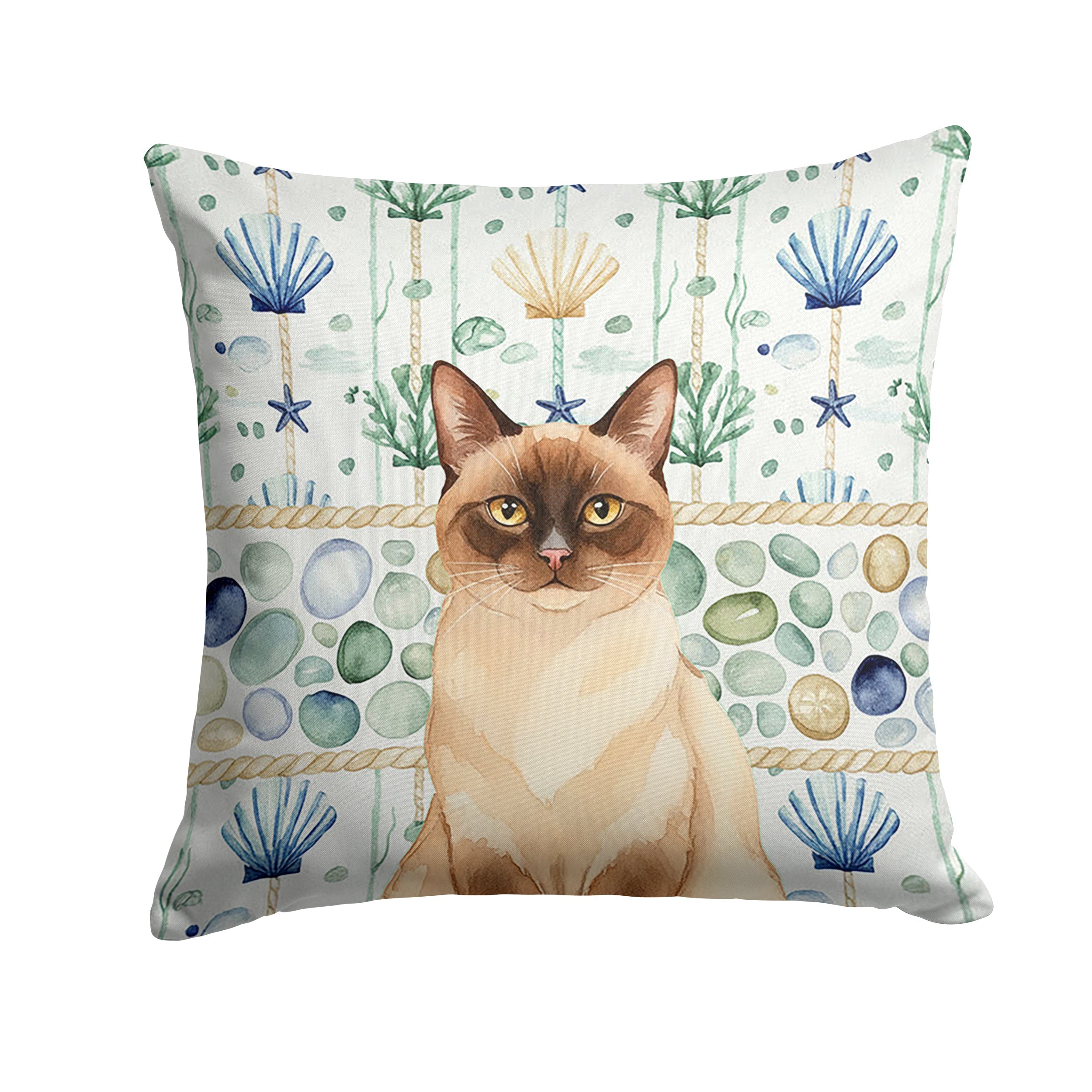 Chocolate Point Cat Coastal Sea Glass Decorative Throw Pillow 18x18 Indoor Outdoor Accent Cushion, Fabric Cover with Insert for Sofa, Bed, Porch & Living Room