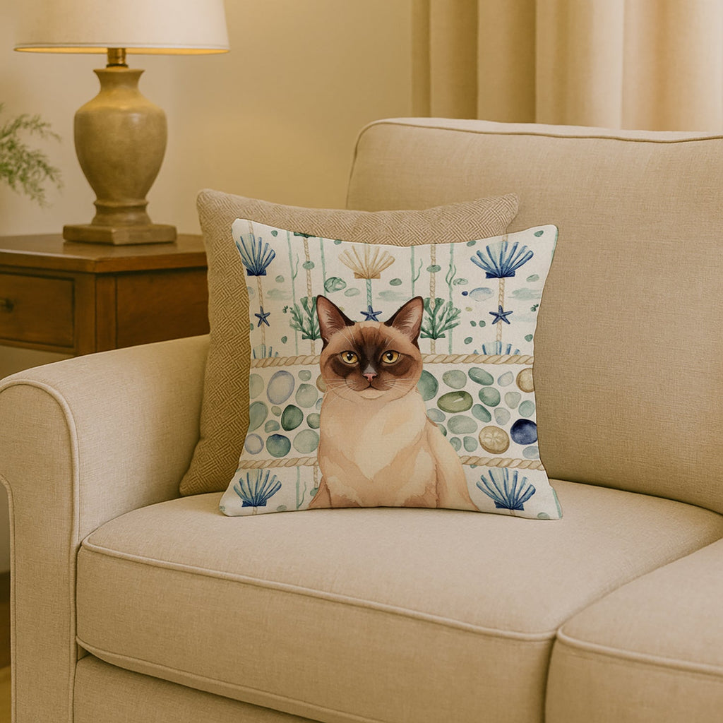 Chocolate Point Cat Coastal Sea Glass Decorative Throw Pillow 18x18 Indoor Outdoor Accent Cushion, Fabric Cover with Insert for Sofa, Bed, Porch & Living Room